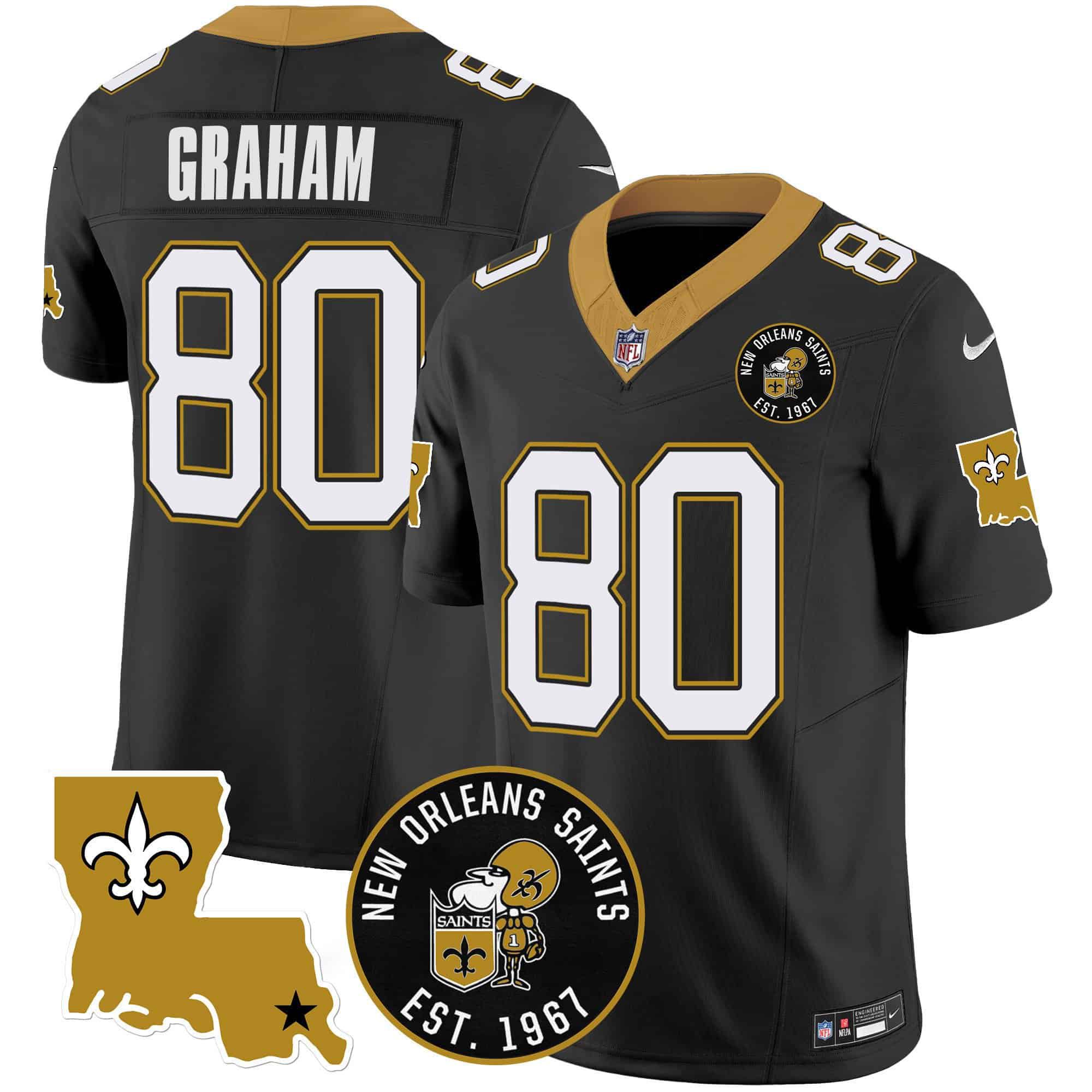 Men New Orleans Saints 80 Graham Black 2024 Nike 1967 Patch Vapor Limited NFL Jersey style 1